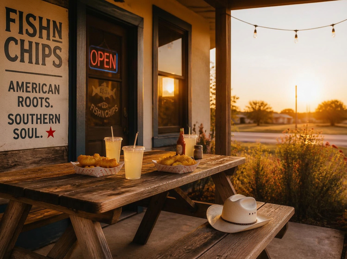 Picnic table and bench on the porch at golden hour with paper trays of fish and chips, lemonade and a straw cowboy hat