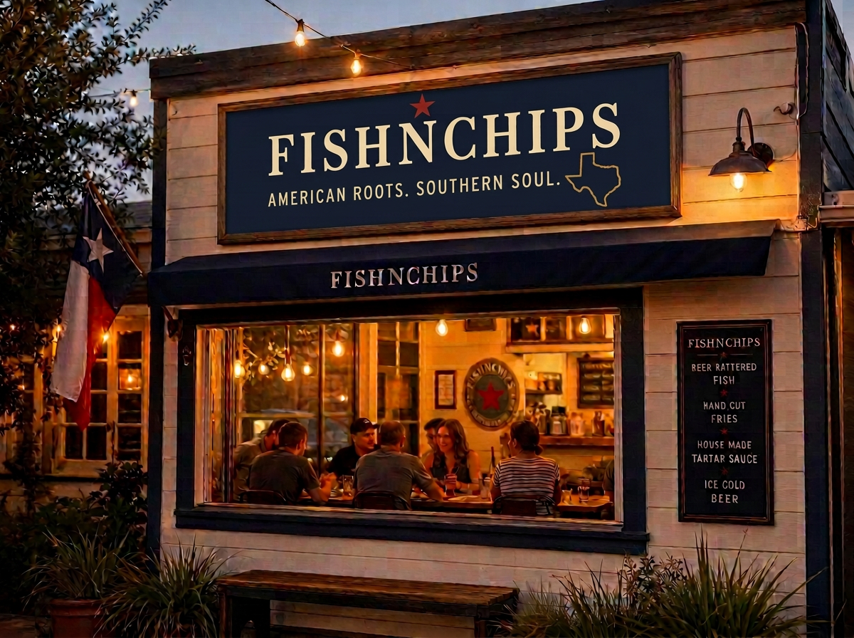 FishNChips storefront with American Roots. Southern Soul. signage, a red star and warm string lights